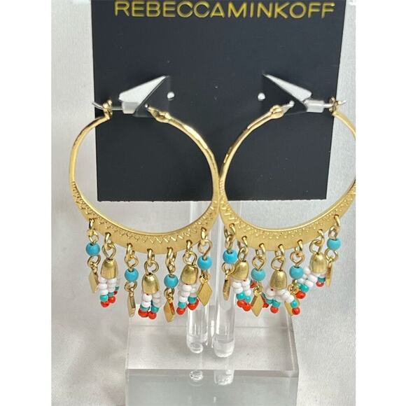 Rebecca Minkoff Gold Dangle Hoop Earrings Lightweight Hook Closure Beaded - Picture 3 of 3